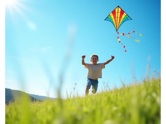広がる青空の下、凧揚げをする子供